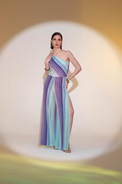 Tuta monospalla pantalone spacchi laterali fantasia rainbow Pho Firenze