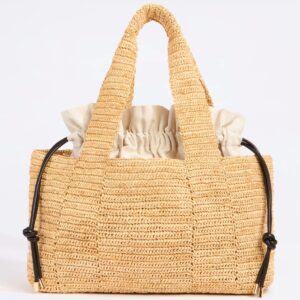 Large tote in lurex intrecciata a mano, doppi manici, pouch interna con coulisse
100% RAFIA